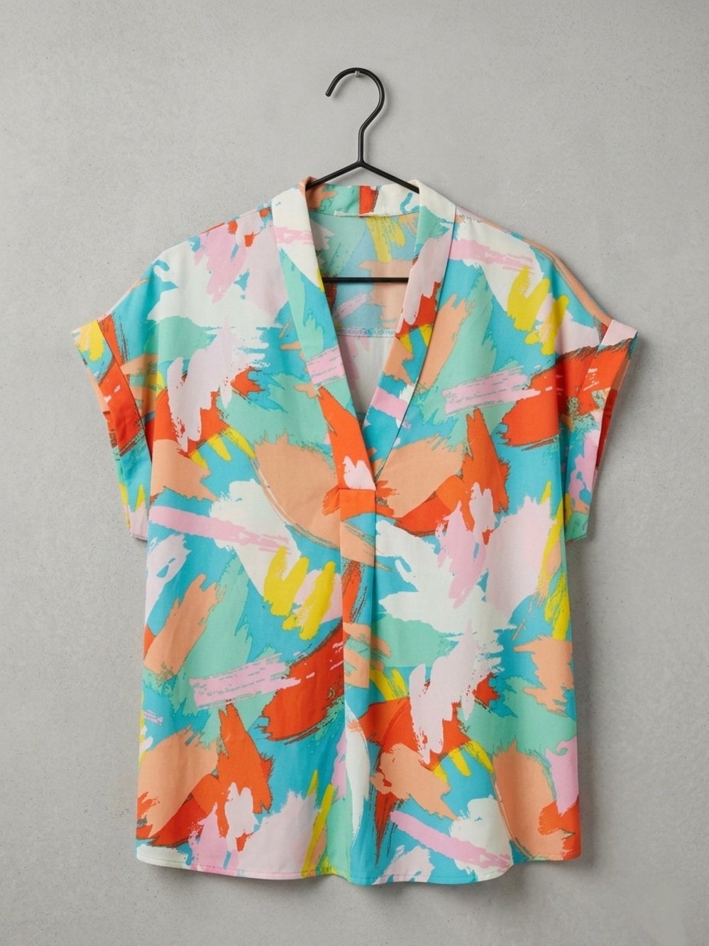 Color Splash Short Sleeve V-Neck Women's Top - Multicolor